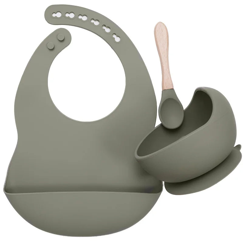 3-Piece Silicone Baby Feeding Set | Suction Bowl, Waterproof Bib & Soft Spoon | BPA-Free, Food-Grade Silicone