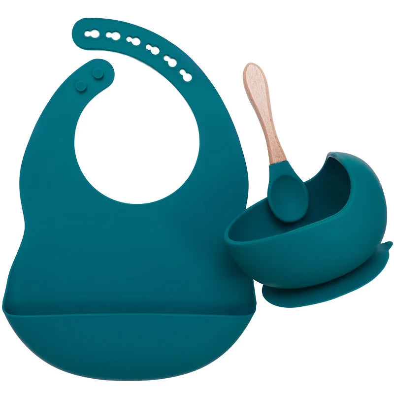 3-Piece Silicone Baby Feeding Set | Suction Bowl, Waterproof Bib & Soft Spoon | BPA-Free, Food-Grade Silicone