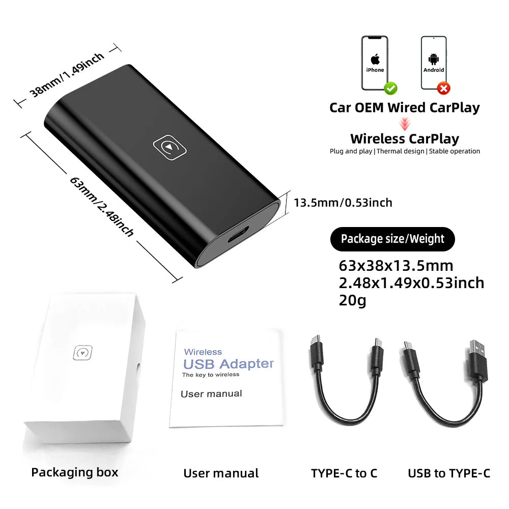 Wireless CarPlay Adapter for iPhone | Plug & Play Wireless CarPlay Dongle for All Cars
