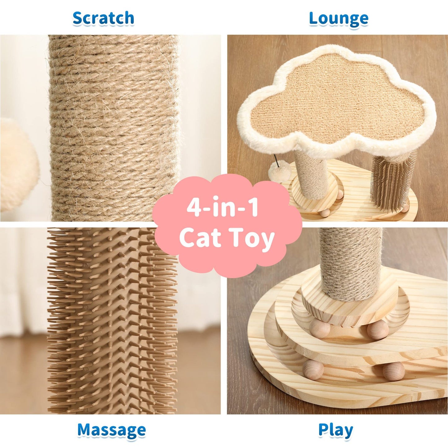 All-in-One Cat Scratching Post with Sisal Scratcher, Interactive Ball Track, Self-Groomer & Perch