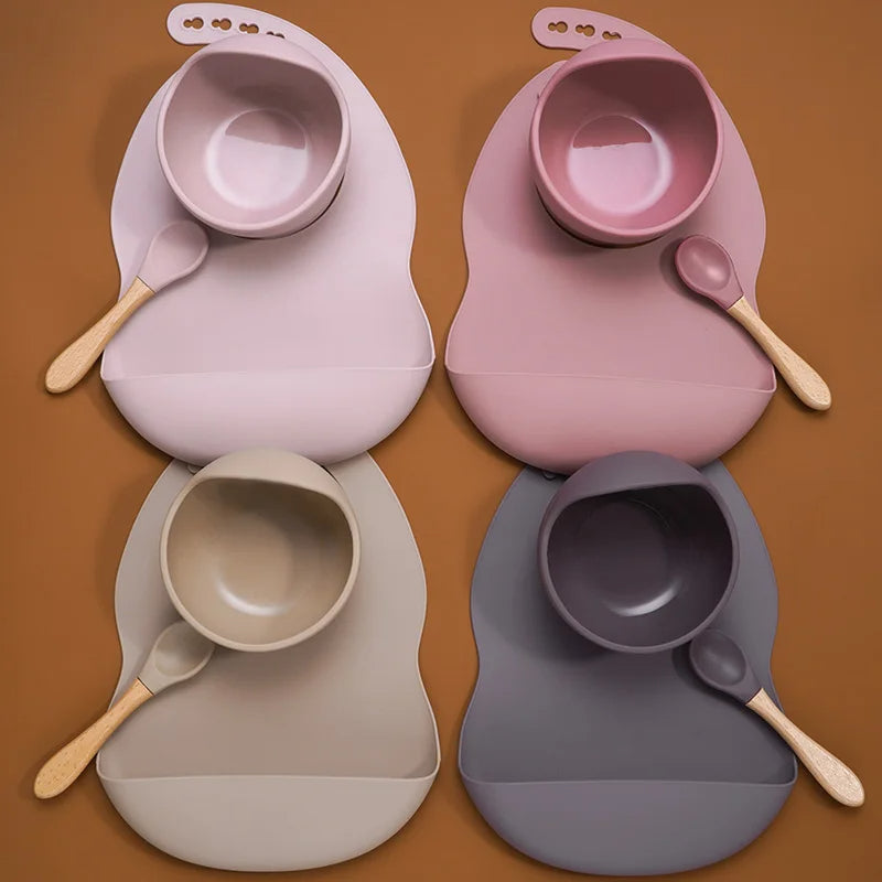 3-Piece Silicone Baby Feeding Set | Suction Bowl, Waterproof Bib & Soft Spoon | BPA-Free, Food-Grade Silicone