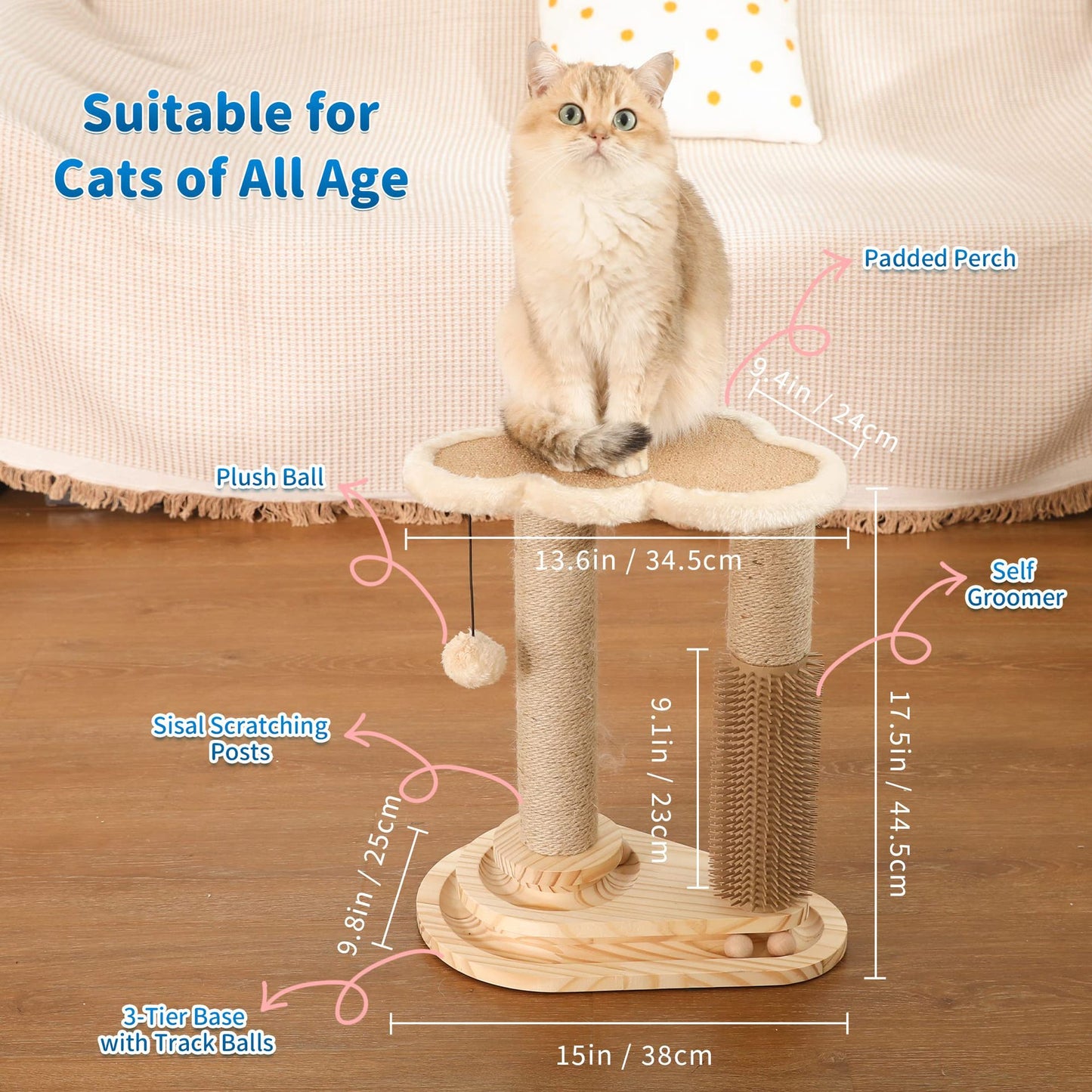 All-in-One Cat Scratching Post with Sisal Scratcher, Interactive Ball Track, Self-Groomer & Perch