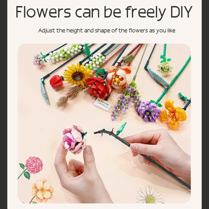Romantic Rose Flower Building Blocks Bouquet | Elegant DIY Floral Gift