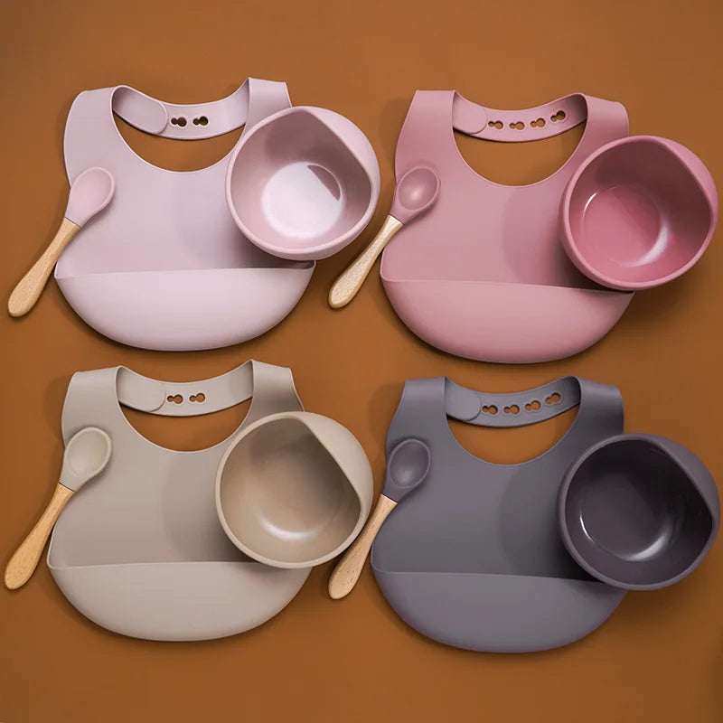 3-Piece Silicone Baby Feeding Set | Suction Bowl, Waterproof Bib & Soft Spoon | BPA-Free, Food-Grade Silicone