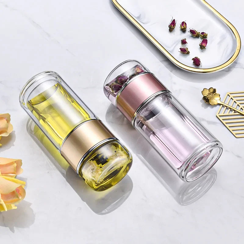 Tea Infuser Bottle | Double Wall Glass Tumbler with Built-in Loose Leaf Tea Filter