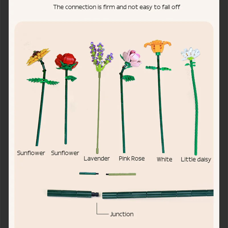 Romantic Rose Flower Building Blocks Bouquet | Elegant DIY Floral Gift