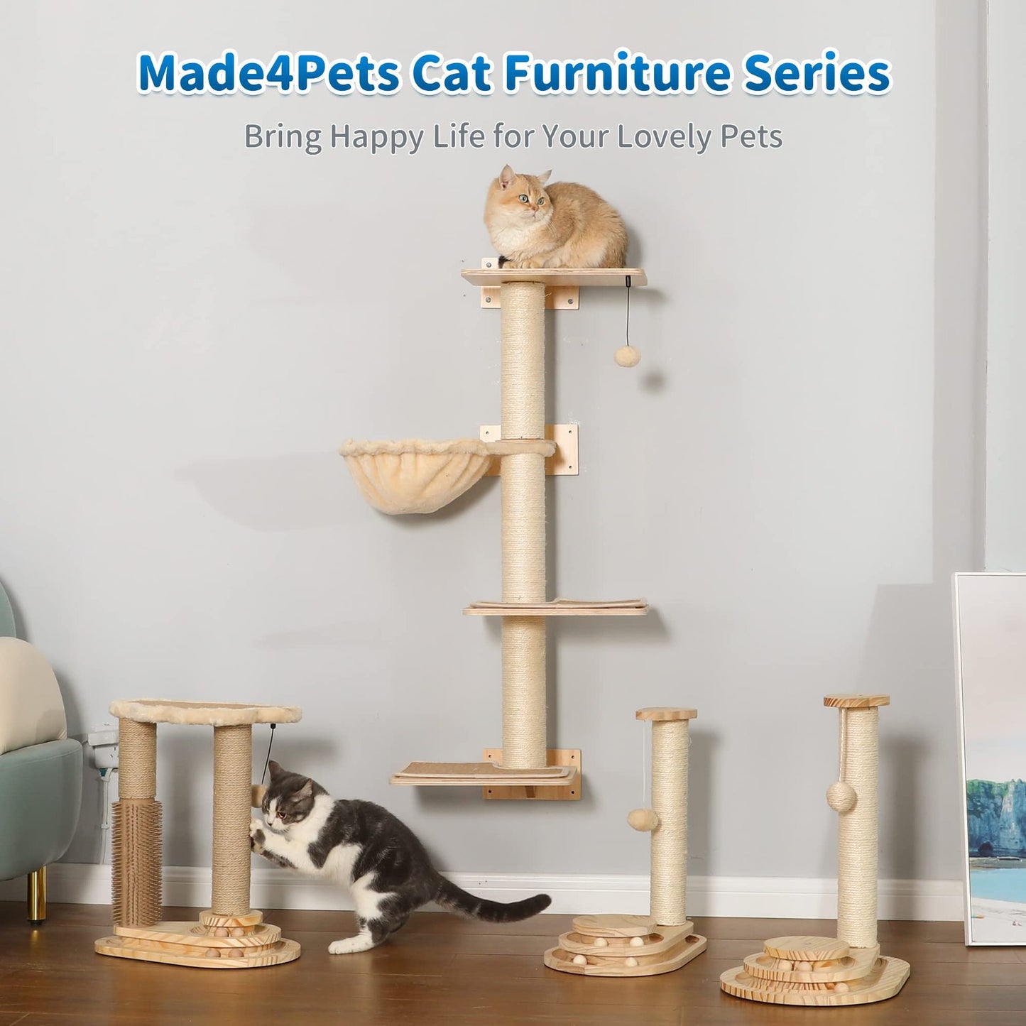 All-in-One Cat Scratching Post with Sisal Scratcher, Interactive Ball Track, Self-Groomer & Perch