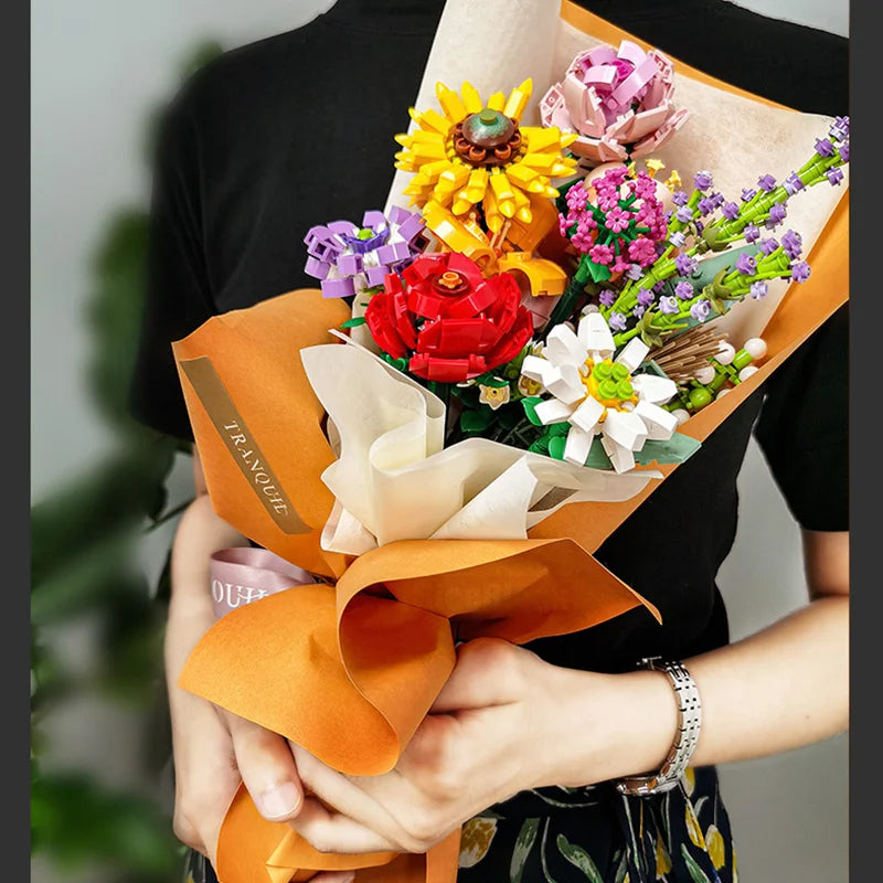 Romantic Rose Flower Building Blocks Bouquet | Elegant DIY Floral Gift
