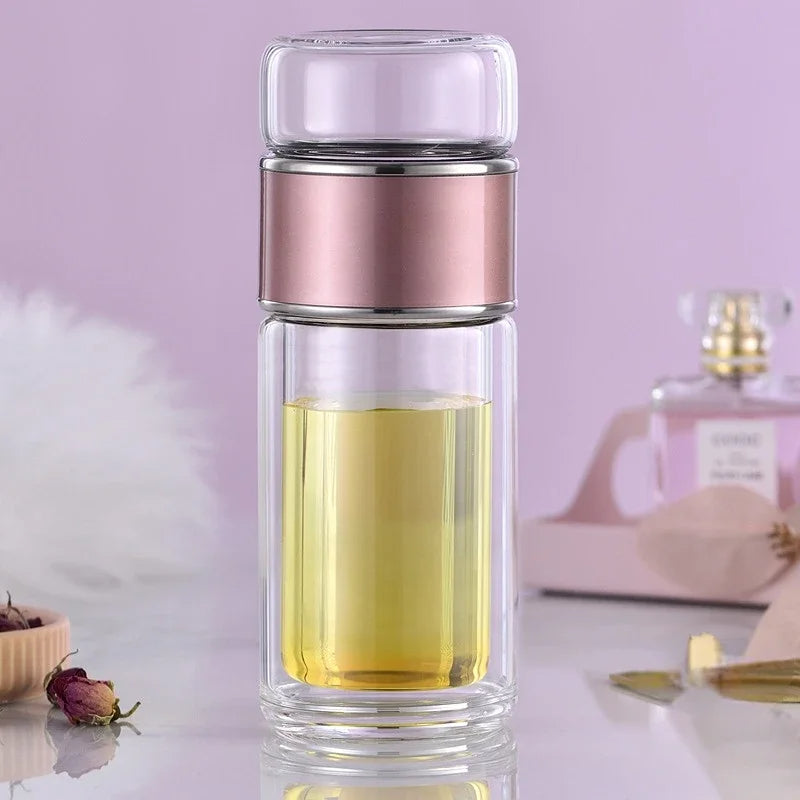 Tea Infuser Bottle | Double Wall Glass Tumbler with Built-in Loose Leaf Tea Filter