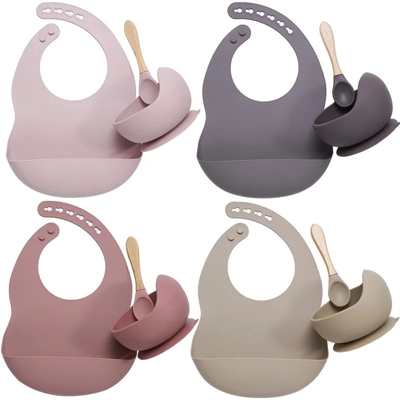 3-Piece Silicone Baby Feeding Set | Suction Bowl, Waterproof Bib & Soft Spoon | BPA-Free, Food-Grade Silicone