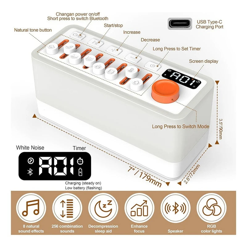 Ambient Sound Machine with Bluetooth Speaker, Night Light & Breathing Therapy!