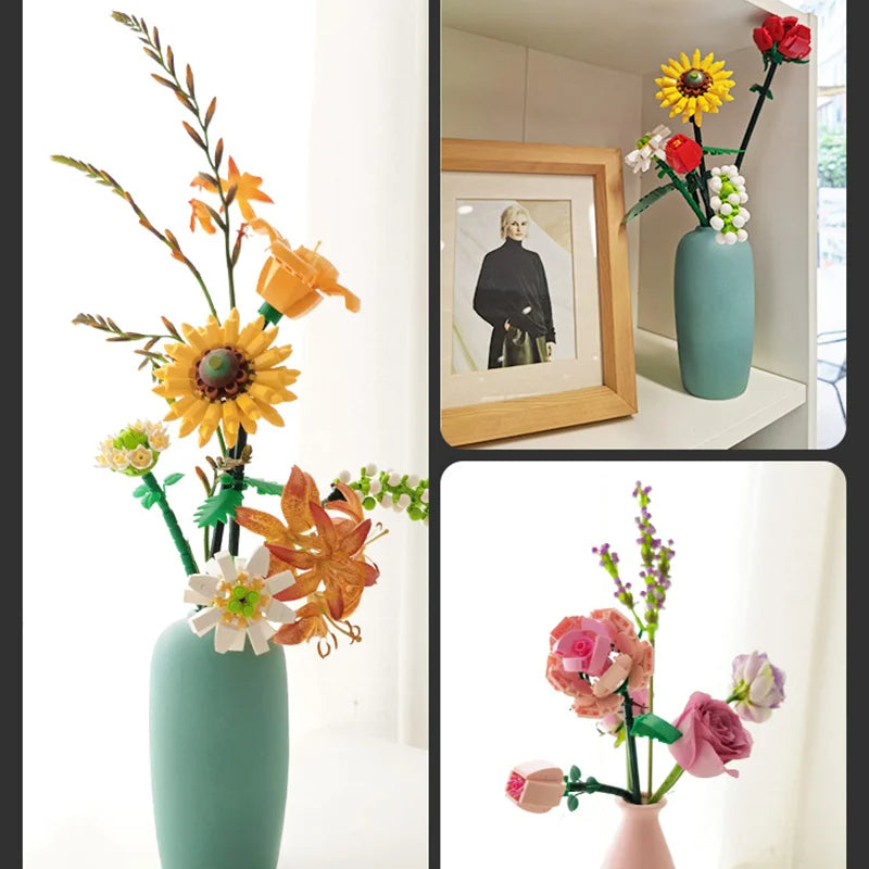 Romantic Rose Flower Building Blocks Bouquet | Elegant DIY Floral Gift