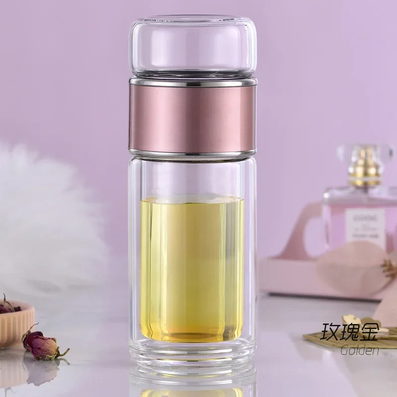 Tea Infuser Bottle | Double Wall Glass Tumbler with Built-in Loose Leaf Tea Filter