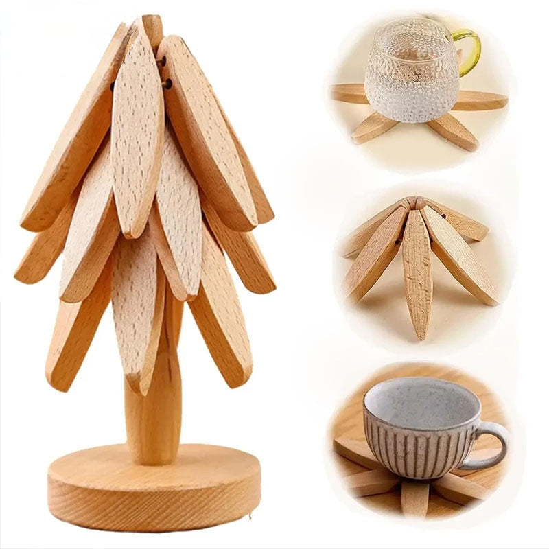 Wooden Trivets For Hot DishesTree-Shaped | Wooden Coaster Set with Holder