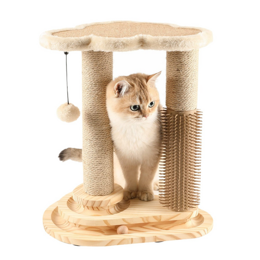 All-in-One Cat Scratching Post with Sisal Scratcher, Interactive Ball Track, Self-Groomer & Perch