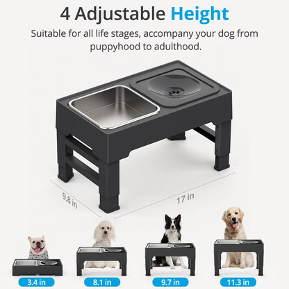 Elevated and Adjustable Raised Dog Bowls with Slow Feeder & Stainless Steel Options | Splash-Proof Water Bowl & Anti-Skid Stand