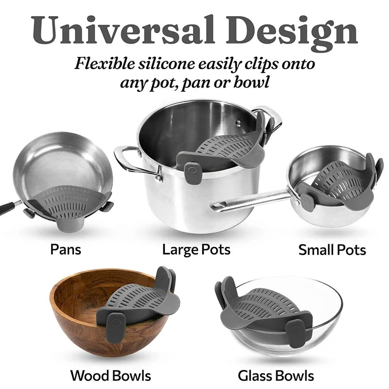 Clip-On Silicone Pot Strainer | Effortless, One-Handed Draining for Pasta, Veggies & More!