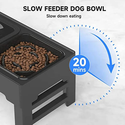 Elevated and Adjustable Raised Dog Bowls with Slow Feeder & Stainless Steel Options | Splash-Proof Water Bowl & Anti-Skid Stand
